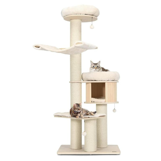 Costway - 4-Layer 68.5 Inch Wooden Cat Tree Condo Activity Tower with Sisal Posts,Multi-Level Large Cat Tower W/Cat Condo, Hammocks & Hanging Basket, Tall Cat Tree W/Sisal Posts, Washable Cushions, Wood Cat Trees and Towers for Indoor Large Cats