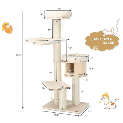 Costway - 4-Layer 68.5 Inch Wooden Cat Tree Condo Activity Tower with Sisal Posts,Multi-Level Large Cat Tower W/Cat Condo, Hammocks & Hanging Basket, Tall Cat Tree W/Sisal Posts, Washable Cushions, Wood Cat Trees and Towers for Indoor Large Cats