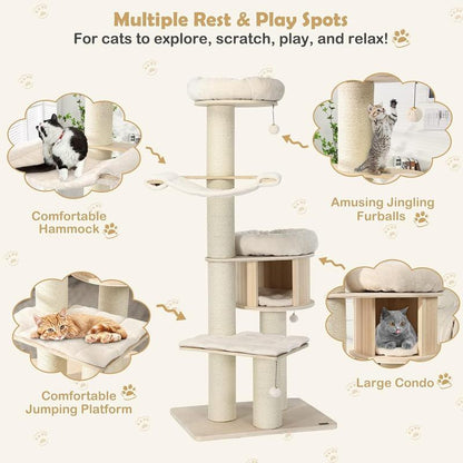 Costway - 4-Layer 68.5 Inch Wooden Cat Tree Condo Activity Tower with Sisal Posts,Multi-Level Large Cat Tower W/Cat Condo, Hammocks & Hanging Basket, Tall Cat Tree W/Sisal Posts, Washable Cushions, Wood Cat Trees and Towers for Indoor Large Cats