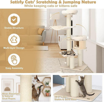 Costway - 4-Layer 68.5 Inch Wooden Cat Tree Condo Activity Tower with Sisal Posts,Multi-Level Large Cat Tower W/Cat Condo, Hammocks & Hanging Basket, Tall Cat Tree W/Sisal Posts, Washable Cushions, Wood Cat Trees and Towers for Indoor Large Cats